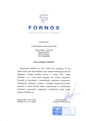 Certifikát Fornox